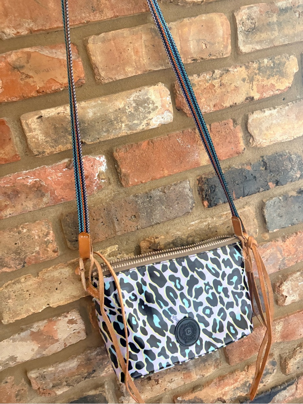 Consuela Leopard Print Crossbody with Blue Accents